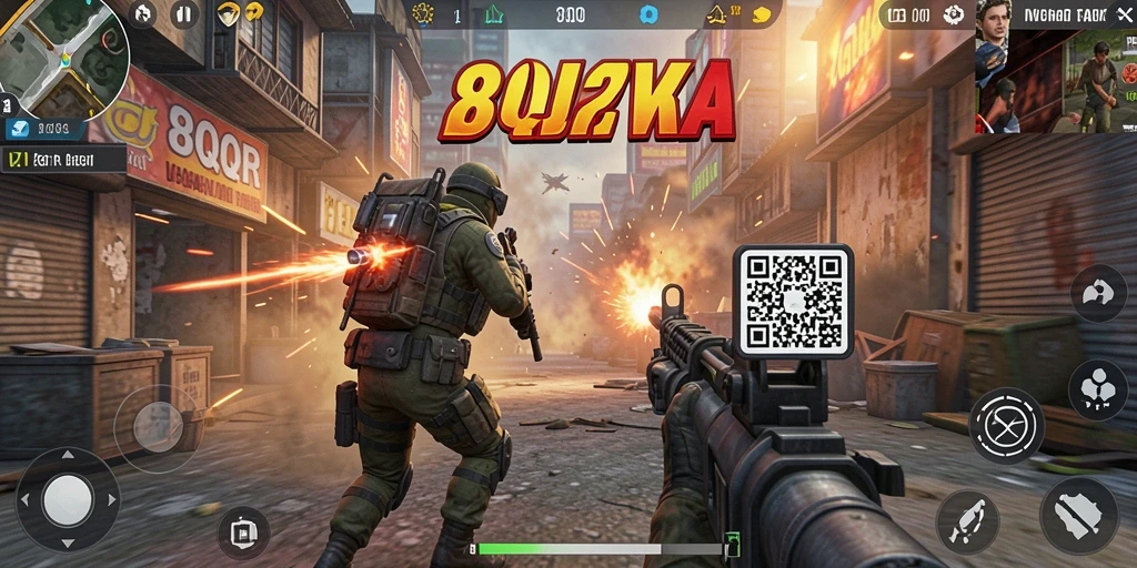 Tangkapan layar gameplay <strong>8QR</strong> menampilkan aksi tembak-menembak yang mendebarkan.