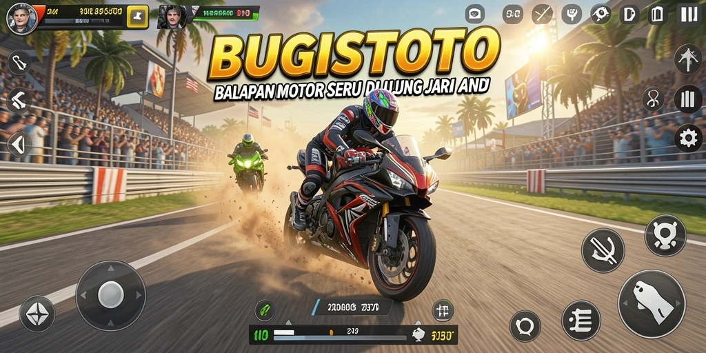 Screenshot utama BUGISTOTO menampilkan aksi balapan motor yang mendebarkan.