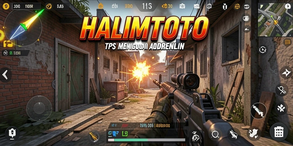 Tampilan gameplay menegangkan HALIMTOTO dengan aksi tembak-menembak yang intens.