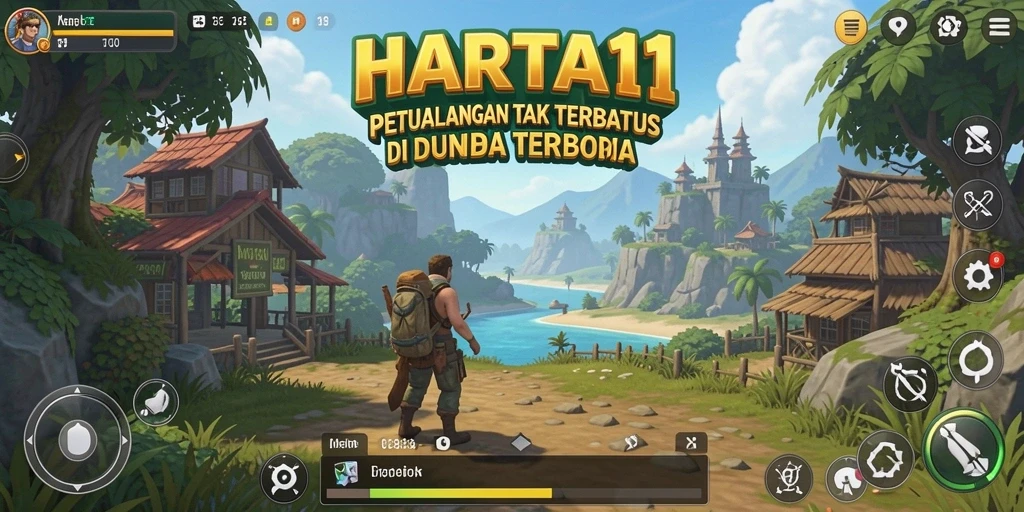 Screenshot HARTA11 menunjukkan pemain menjelajahi dunia terbuka yang indah.