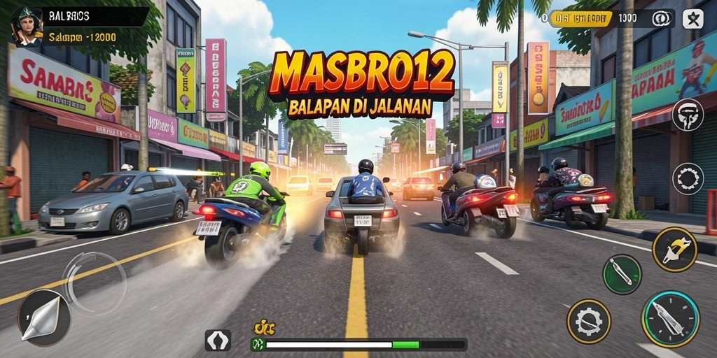 Screenshot utama MASBRO12 menampilkan aksi balapan penuh kecepatan.
