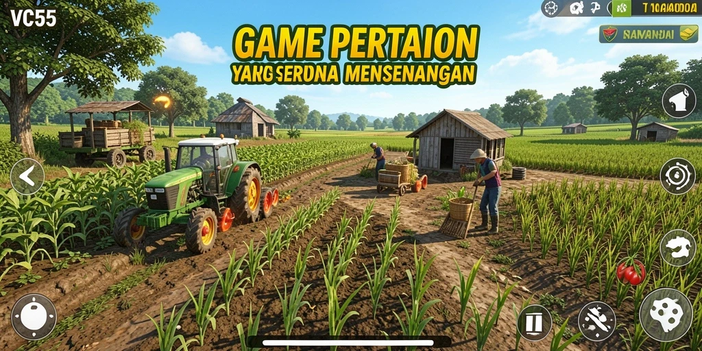 Tampilan gameplay VC55 yang menarik dengan aktivitas bertani yang seru.